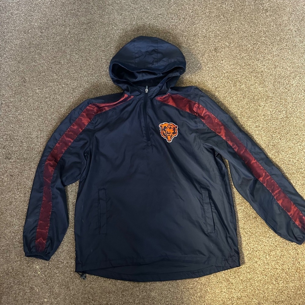 NFL Chicago Bears Mens Half Zip Hooded Windbreaker Jacket L Navy Blue Orange